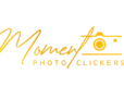Moment Photo Clickers logo featuring a sleek golden-yellow abstract camera shutter design on a clean background, representing professional photography services.
