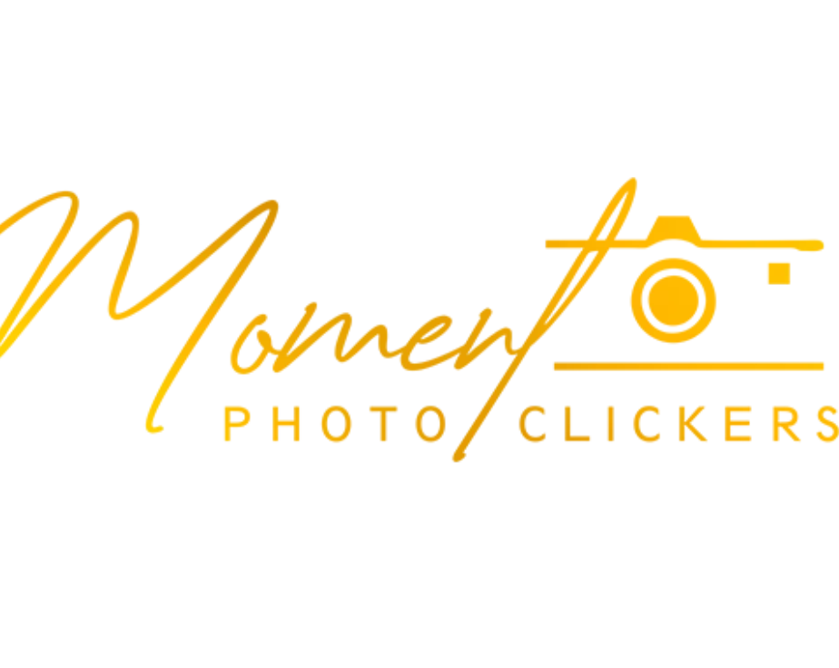 Moment Photo Clickers logo featuring a sleek golden-yellow abstract camera shutter design on a clean background, representing professional photography services.