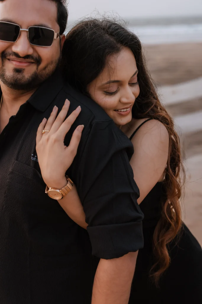 Pre wedding shoot candid moment of couple smiling